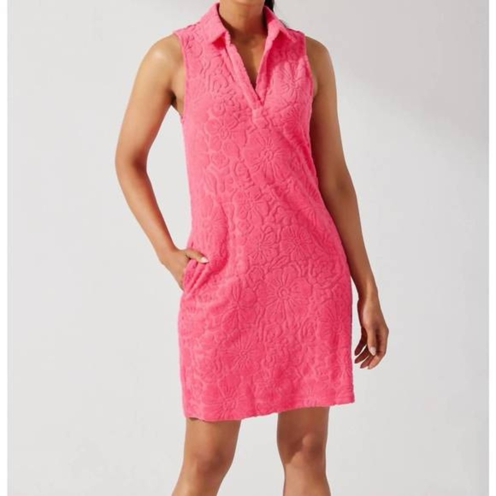 Tommy Bahama pink/coral textured beach terry shift collared dress women’s size L